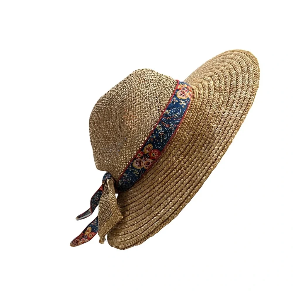 Vintage GitanoCottagecore Natural Straw Sun‎ Hat Floral Print Ribbon Bow Accent